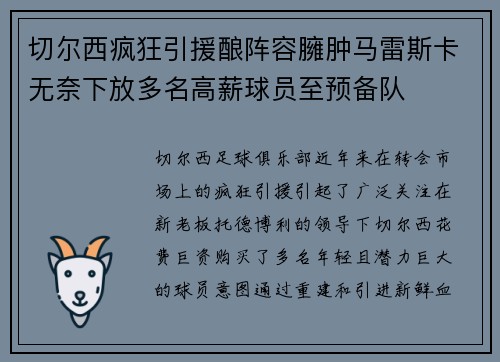 切尔西疯狂引援酿阵容臃肿马雷斯卡无奈下放多名高薪球员至预备队